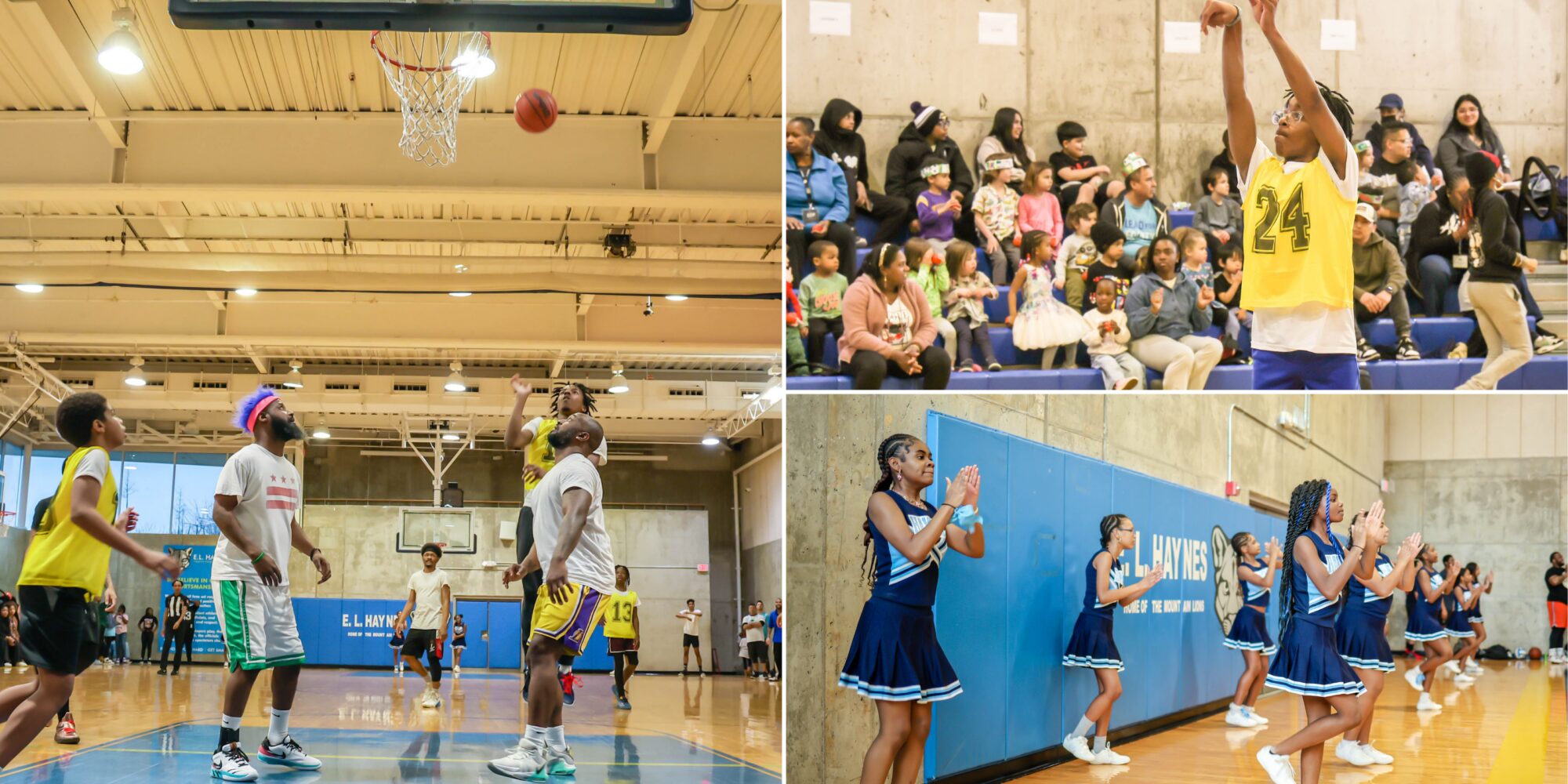 A collage-style image of three photos from the student vs. staff basketball game.