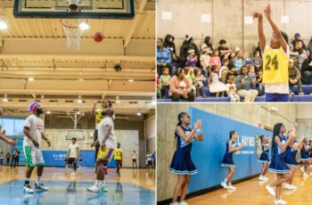 A collage-style image of three photos from the student vs. staff basketball game.